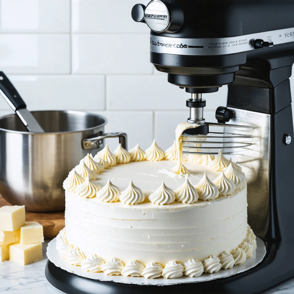 Crème au beurre à la meringue italienne lisse et brillante en cours de préparation dans un robot pâtissier, avec un gâteau glacé en arrière-plan