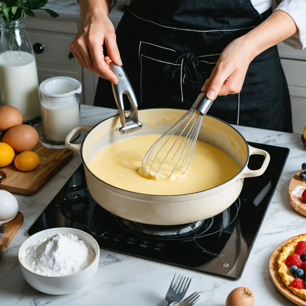 Une femme fouette une creme patissiere dans une casserole sur une plaque de cuisson, avec des ingredients de patisserie poses autour dans une cuisine lumineuse.