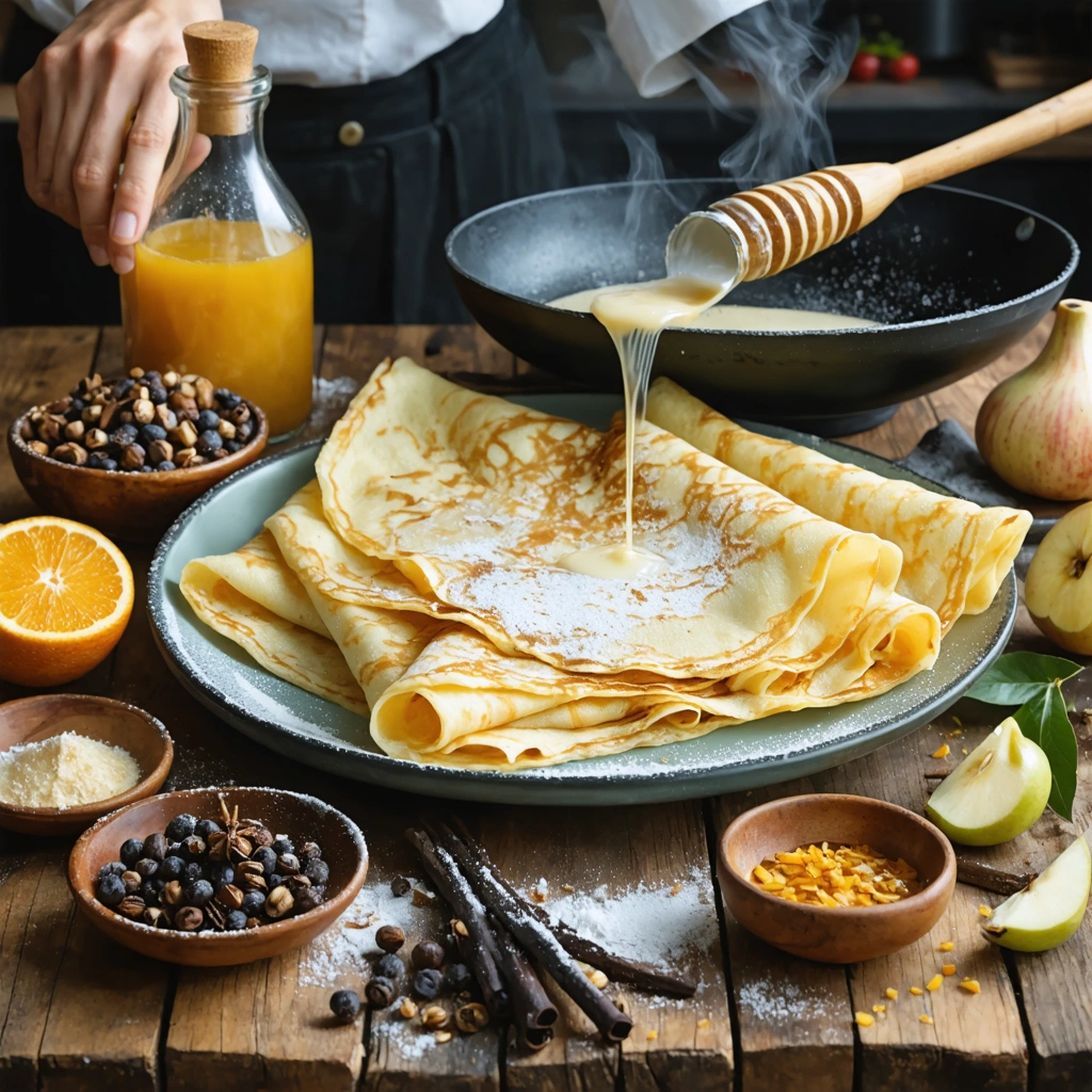 Une pile de crêpes dorées posée sur une assiette dans une cuisine, entourée de plusieurs alternatives au rhum comme la vanille, les zestes d’orange, la fleur d’oranger et un extrait de rhum sans alcool.