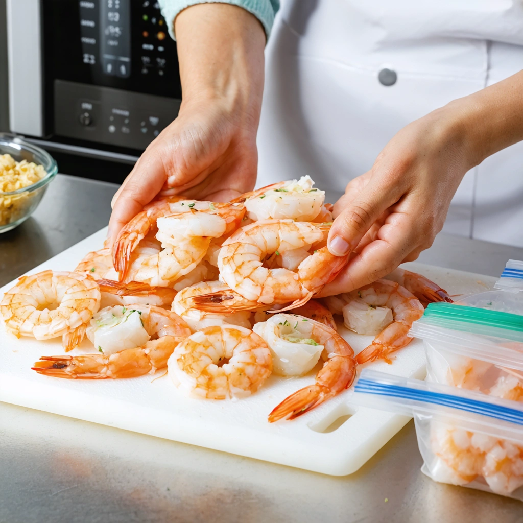 Des crevettes cuites roses, certaines décortiquées et d'autres avec leur carapace, sont rangées dans des sachets de congélation et des boîtes hermétiques sur un plan de travail de cuisine.