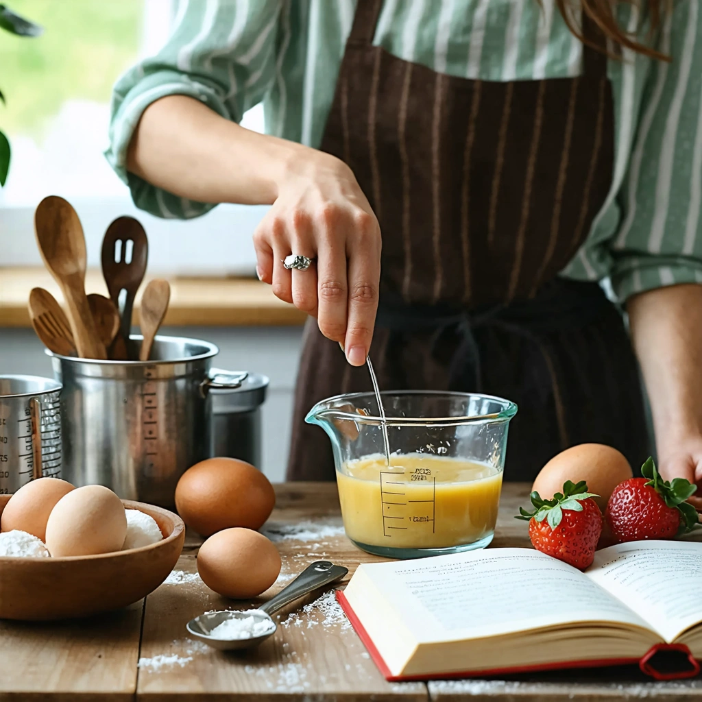 Une femme en cuisine mesure un liquide avec une cuillère à soupe à côté d'un verre doseur sur un plan de travail.