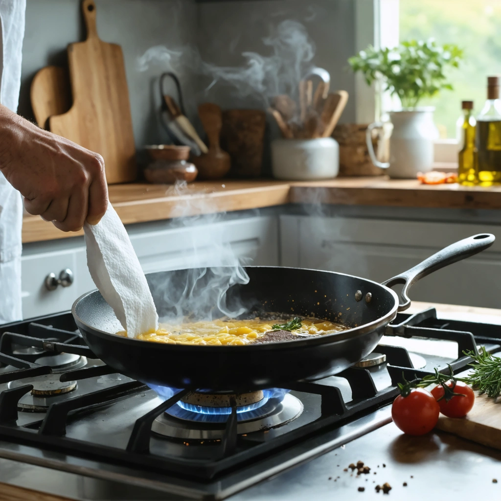 Une poele en fer De Buyer en cours de culottage sur une plaque de cuisson, avec une fine couche d'huile appliquee a l'interieur