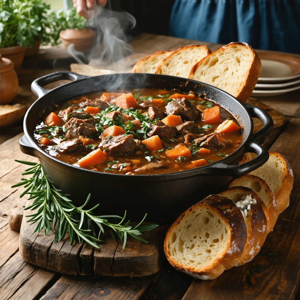 Une cocotte en fonte remplie de daube de sanglier avec une sauce sombre et brillante, servie sur une table rustique avec du pain de campagne.