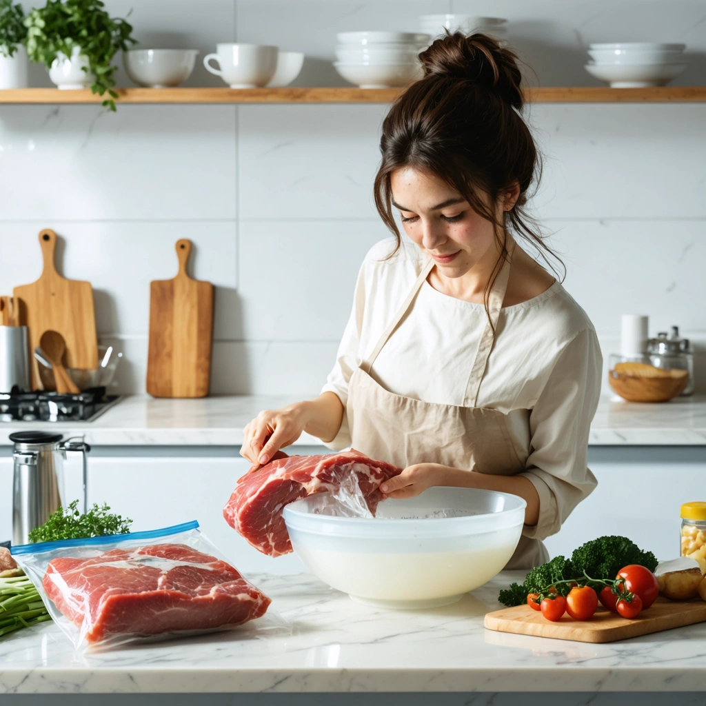 Une femme dans une cuisine place de la viande emballée dans un saladier d'eau froide pour la décongeler rapidement et en toute sécurité.