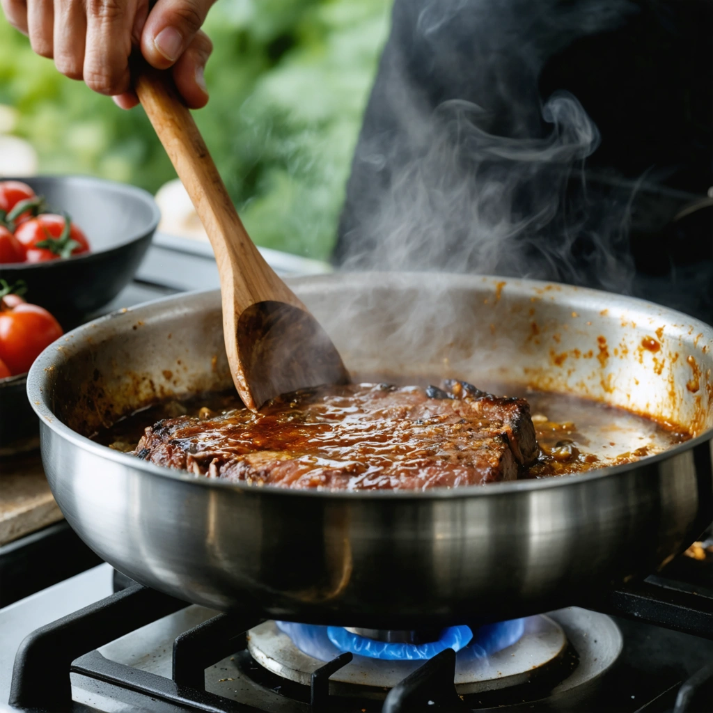 Une poele chaude en inox en train d etre deglacee avec un liquide pendant qu une cuillere en bois recupere les sucs de cuisson pour former une sauce