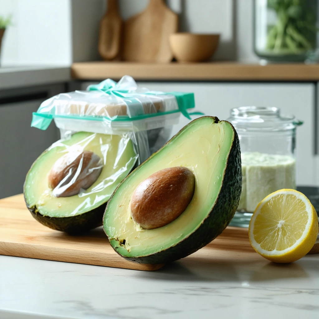Un demi-avocat frais avec son noyau et une autre moitié protégée pour la conservation sur un plan de travail de cuisine