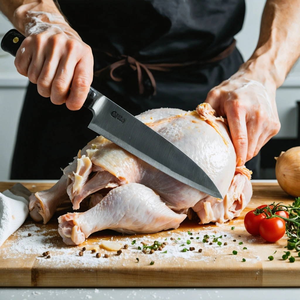 Des mains en train de désosser soigneusement un poulet entier cru sur une planche en bois avec un couteau fin dans une cuisine propre.