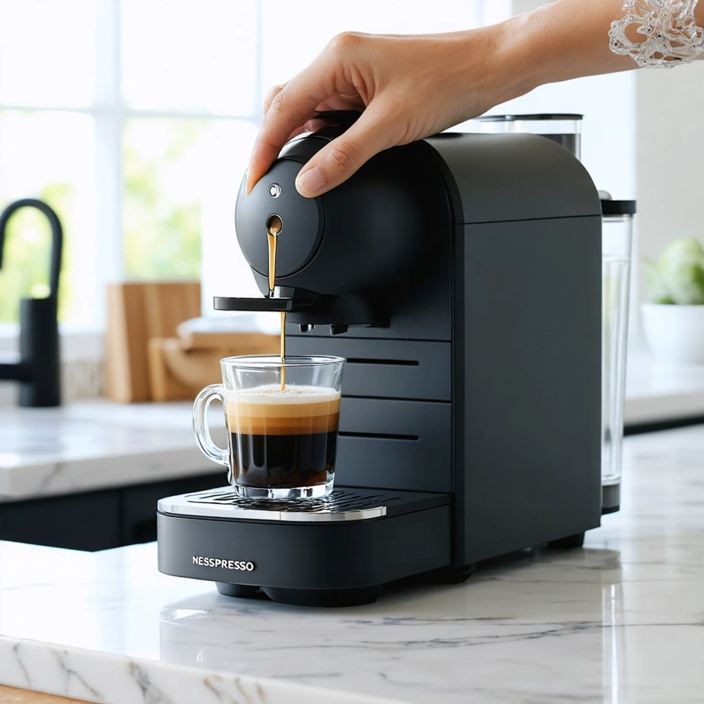 Une machine a cafe Nespresso en cours de detartrage dans une cuisine lumineuse, avec des mains versant une solution dans le reservoir et un recipient place sous la sortie cafe.