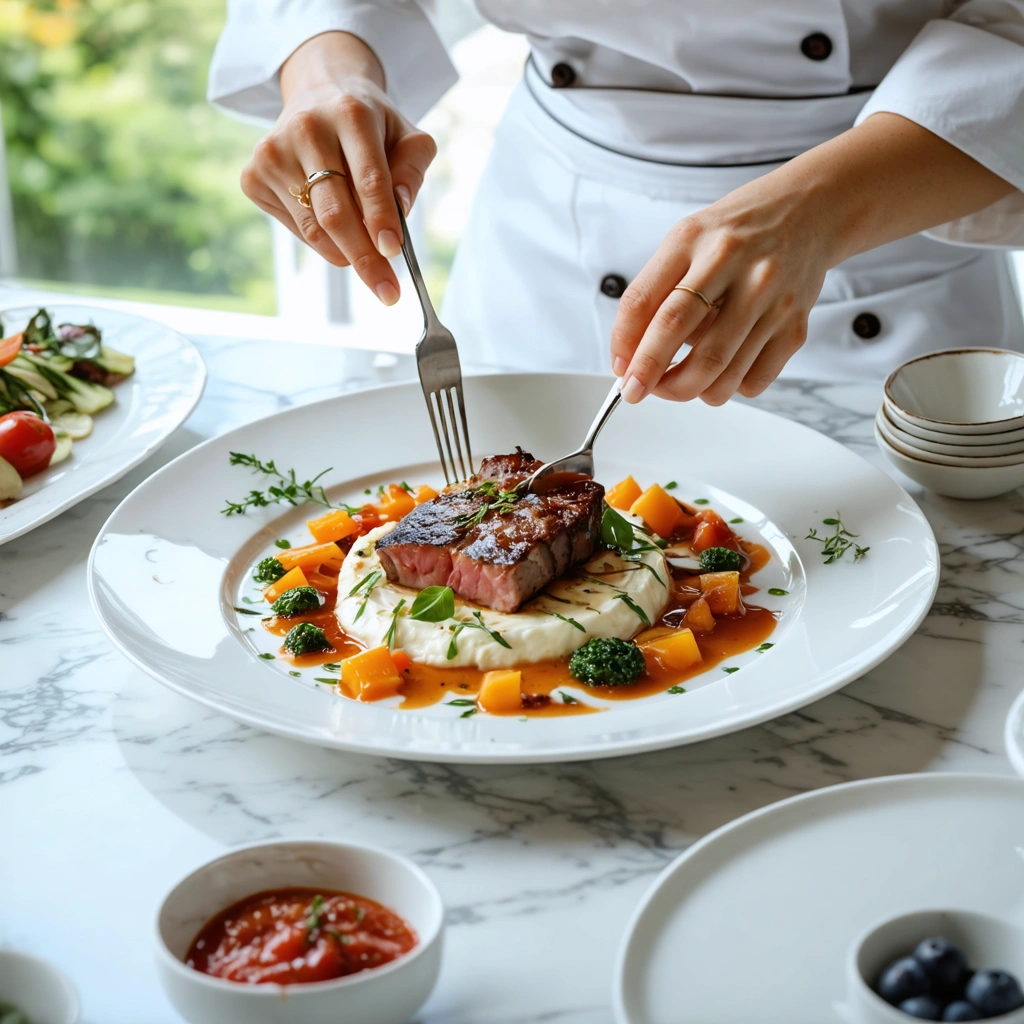Une cuisiniere dresse soigneusement une assiette elegante avec viande tranchee, puree, legumes colores et sauce brillante dans une ambiance de cuisine moderne.