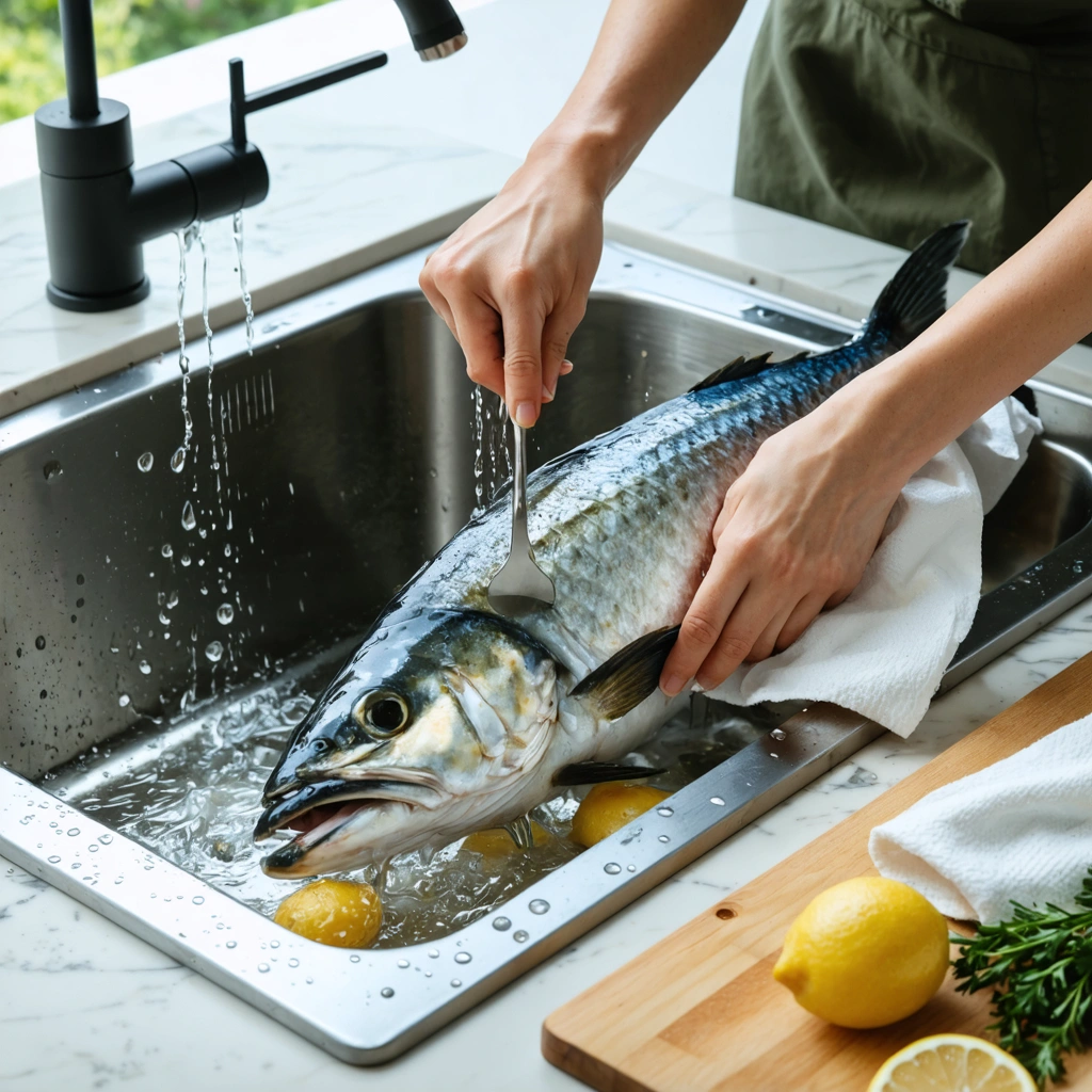Une personne écaillant un poisson dans un evier avec une fourchette, de facon propre et organisee dans une cuisine claire.