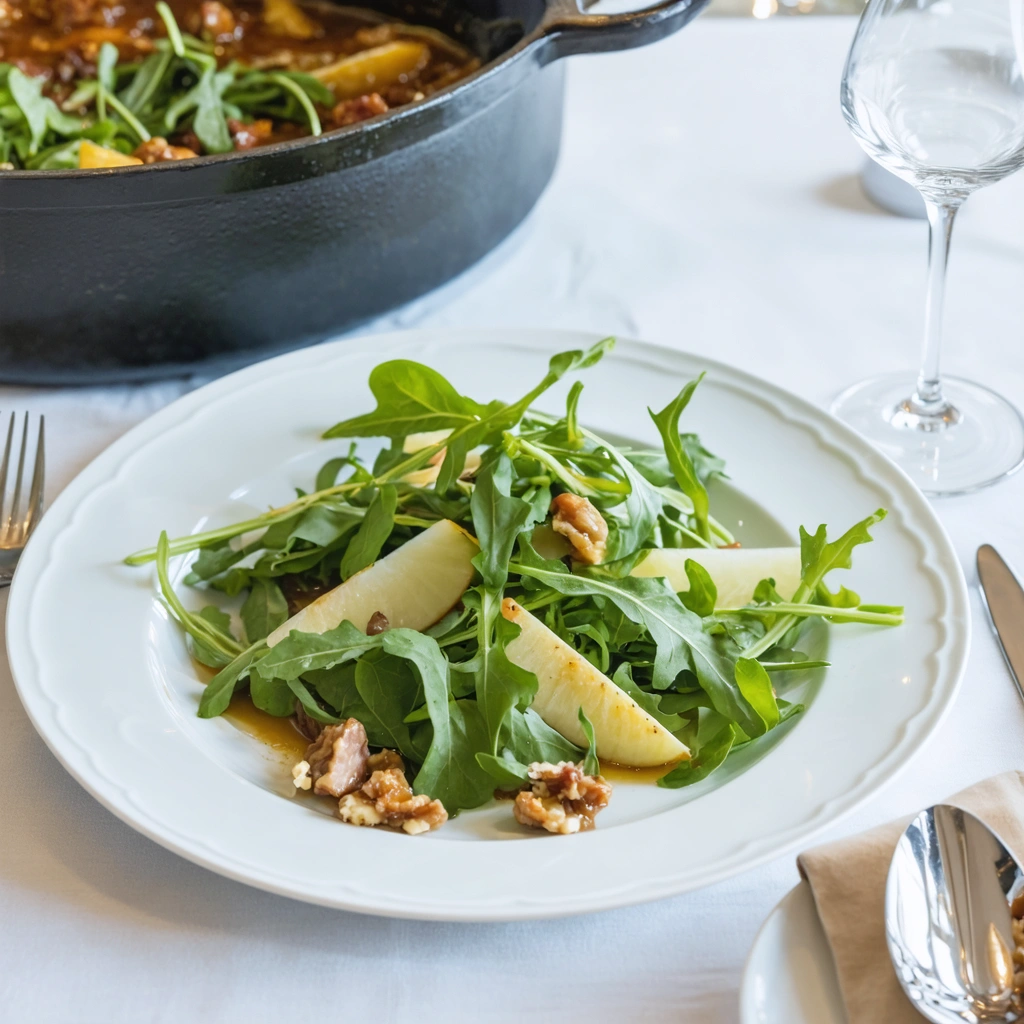 Une table dressée avec une entrée légère et élégante, composée d’une salade raffinée, servie avant un bœuf bourguignon visible en arrière-plan.