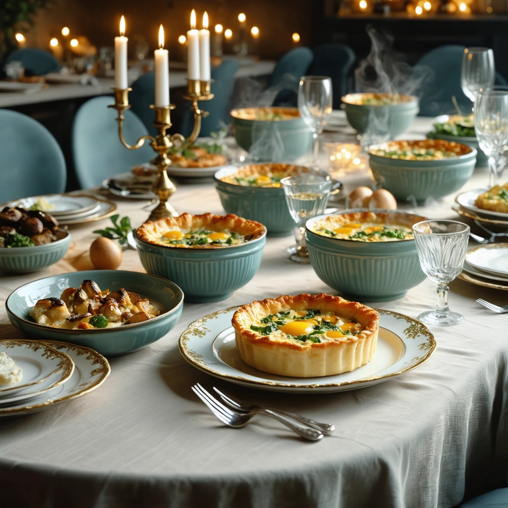 Table de repas conviviale avec plusieurs entrees chaudes faciles pour douze personnes, presentees dans des ramequins, bols et plats elegants dans une ambiance chaleureuse.