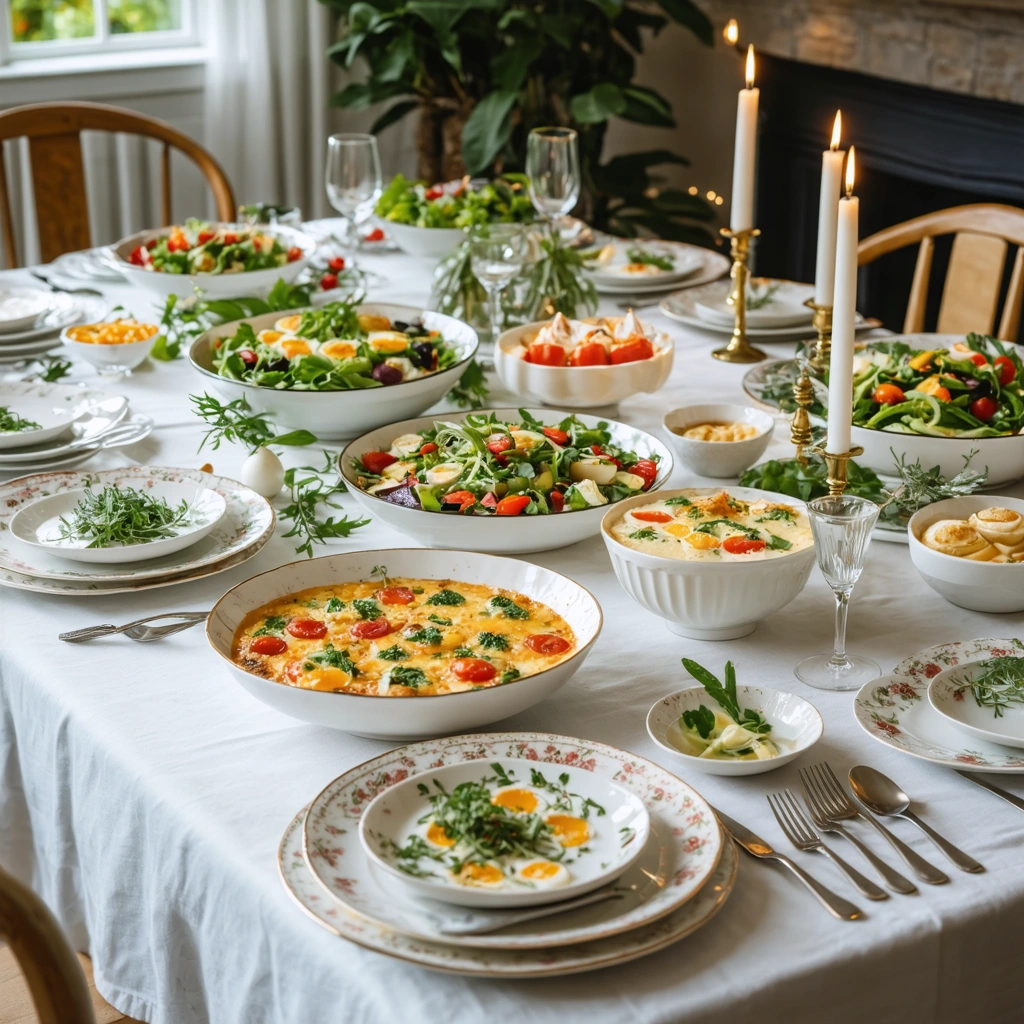 Table de fete conviviale avec plusieurs entrees economiques pour 20 personnes, dont verrines, oeufs mimosa, terrine de legumes, quiche et salades colorees
