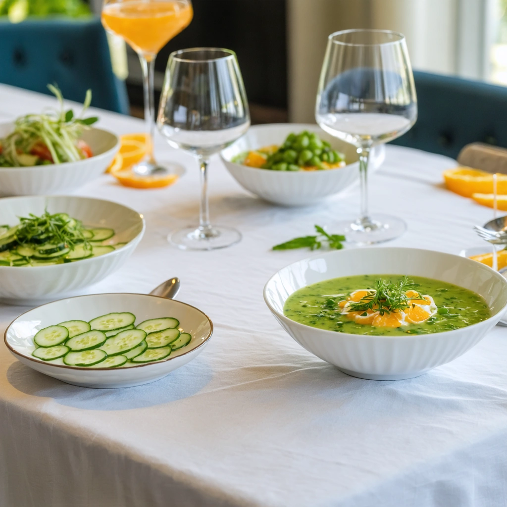 Table élégante avec plusieurs entrées légères après un apéritif dînatoire, dont un carpaccio de concombre, une salade de fenouil à l’orange, une soupe froide de petits pois et des courgettes grillées au yaourt aux herbes.