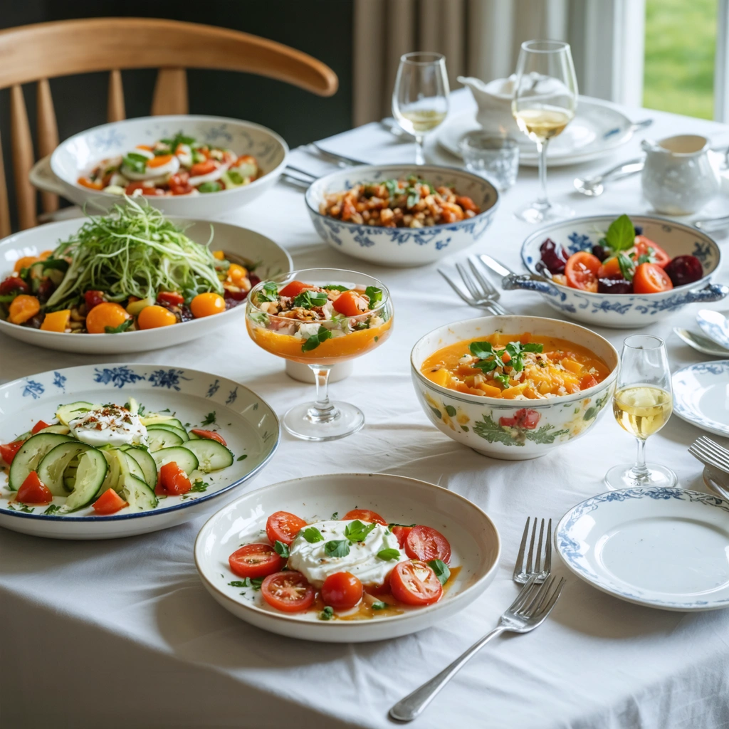 Table de repas avec un cassoulet en plat principal et plusieurs entrees legeres comme une salade de fenouil a l orange, des verrines de concombre et des tomates assaisonnees.