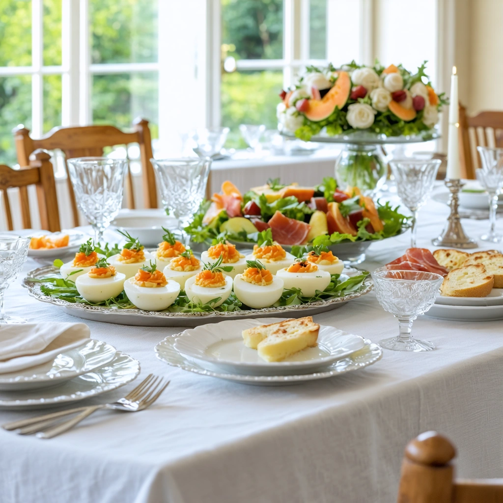 Table de communion avec plusieurs entrees pas cher joliment presentees, dont des oeufs mimosa, des verrines de carottes, une salade composee et du melon avec jambon cru