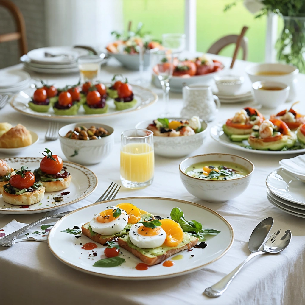 Table avec plusieurs entrees faciles et elegantes, dont burrata aux tomates roties, verrines avocat-crevettes, carpaccio de betterave, feuilletes aux champignons et oeufs cocotte, presentees dans une cuisine lumineuse
