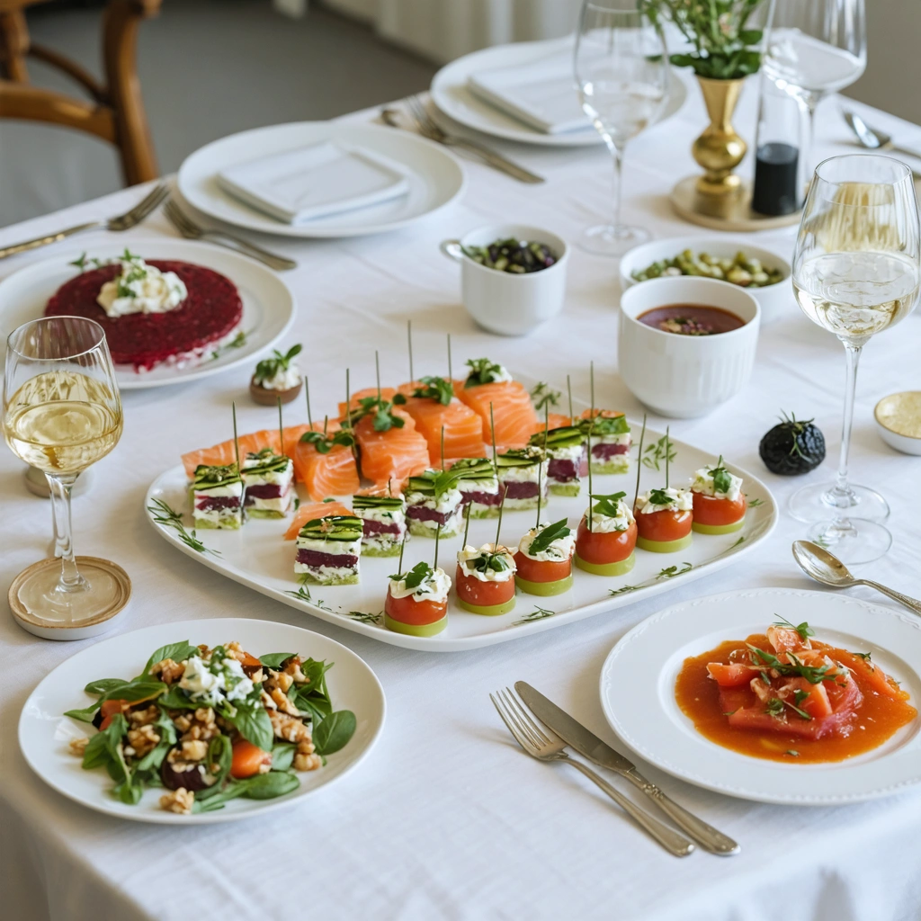 Table dressée avec plusieurs entrées froides élégantes préparées à l’avance, dont une terrine de légumes, des verrines de betterave, un cake salé tranché et des tomates farcies.