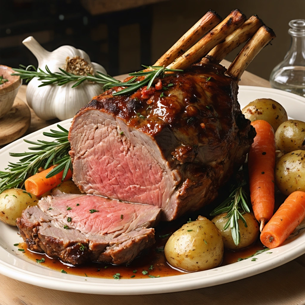 Une epaule d'agneau desossee rotie au four, tranchee et tres fondante, servie avec des pommes de terre, des carottes, de l'ail et des herbes aromatiques