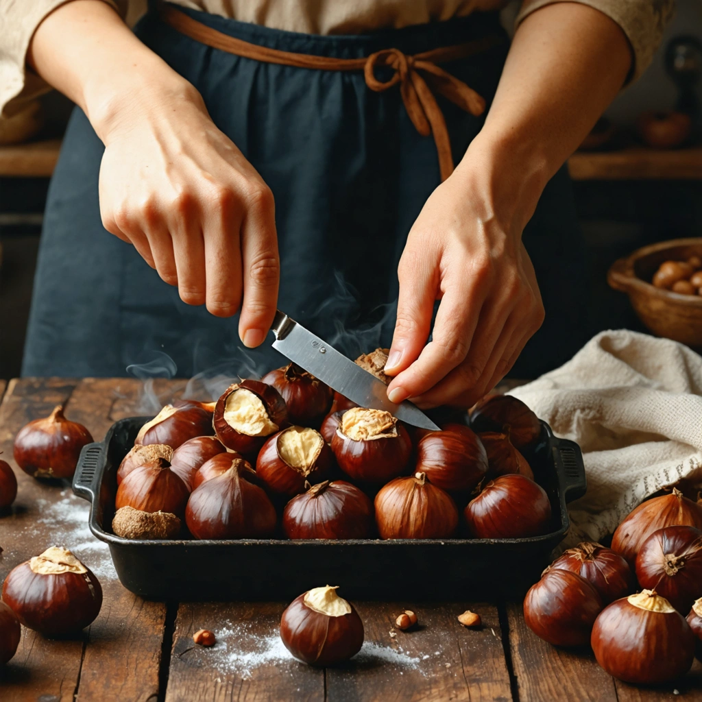 Des chataignes chaudes entaillees et en cours d'epluchage sur une table de cuisine, avec un torchon et une plaque de cuisson en arriere-plan.