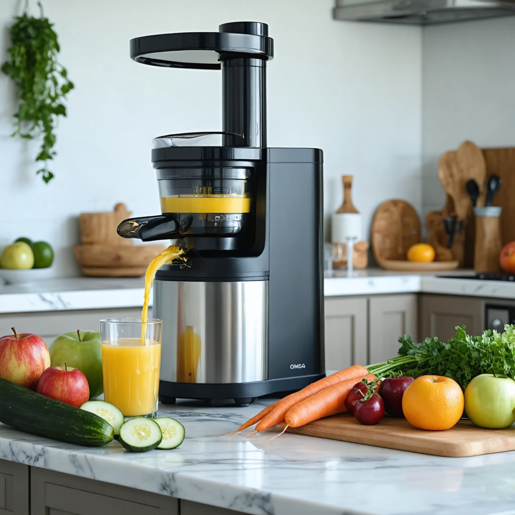 Extracteur de jus Omega posé sur un plan de travail avec des pommes, carottes, concombre, céleri et un verre de jus frais prêt à être dégusté