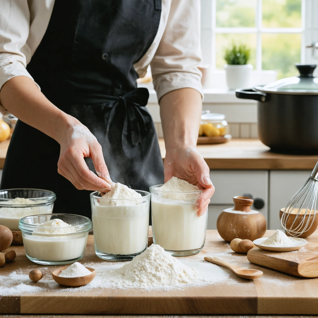 Deux bols de farine et de fecule de mais sur un plan de travail avec un fouet, des cuilleres doseuses et une casserole de sauce en preparation dans une cuisine chaleureuse.