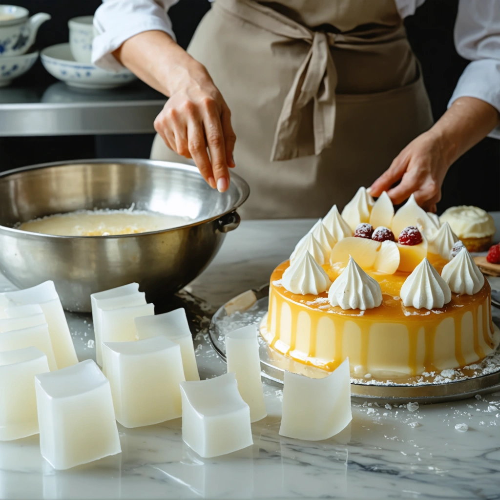 Une cuisiniere prepare des feuilles de gelatine dans un bol d eau froide a cote de desserts elegants dans une cuisine patissiere lumineuse.