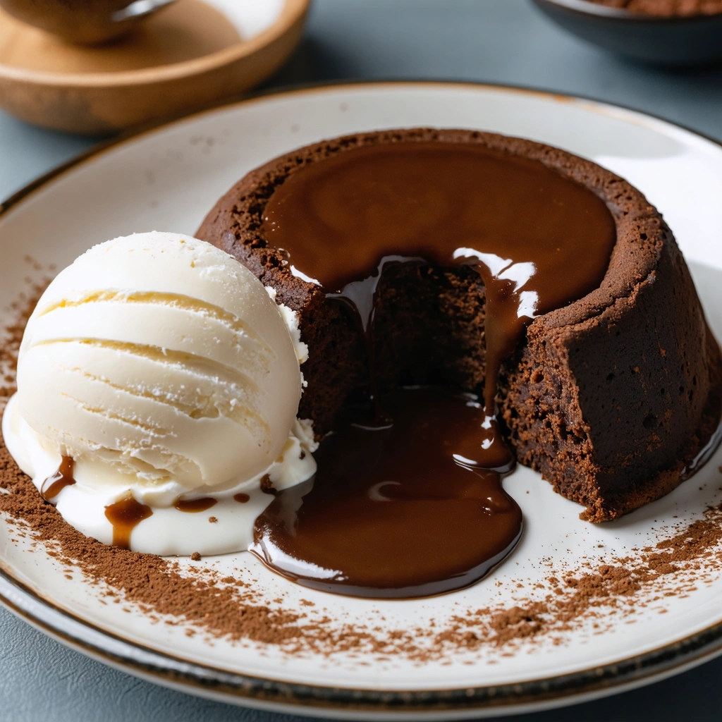 Fondant au chocolat individuel ouvert dans une assiette, avec un cœur coulant au chocolat qui s'écoule, accompagné d'une boule de glace à la vanille.