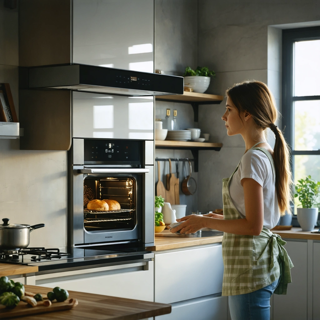 Dans une cuisine moderne, un four encastrable semble en panne tandis qu’un disjoncteur a sauté sur le tableau électrique, avec une cuisinière qui observe la situation.