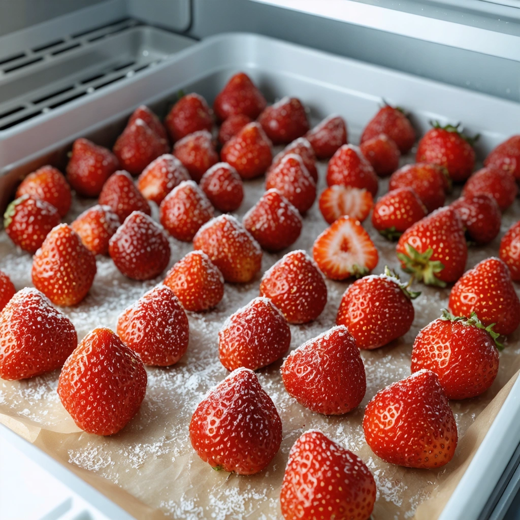 Des fraises fraiches entieres et coupees en deux, disposees separement sur une plaque avant congelation dans une cuisine