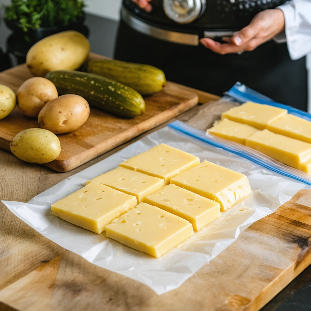 Des tranches de fromage a raclette preparees pour etre congelees dans un sac de congelation, avec des pommes de terre et un appareil a raclette en arriere-plan