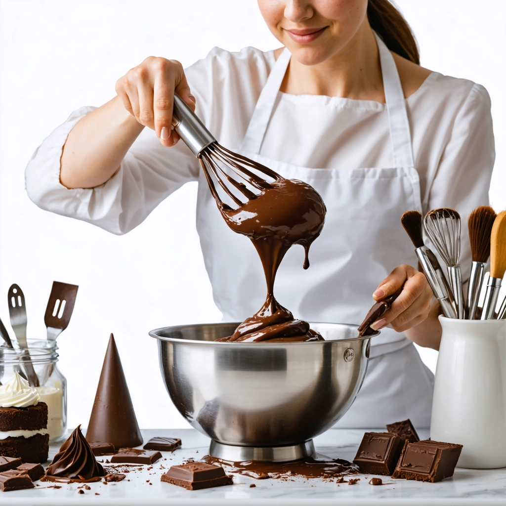 Une pâtissière fouette une ganache montée au chocolat dans un saladier, avec des ustensiles de pâtisserie posés sur le plan de travail.