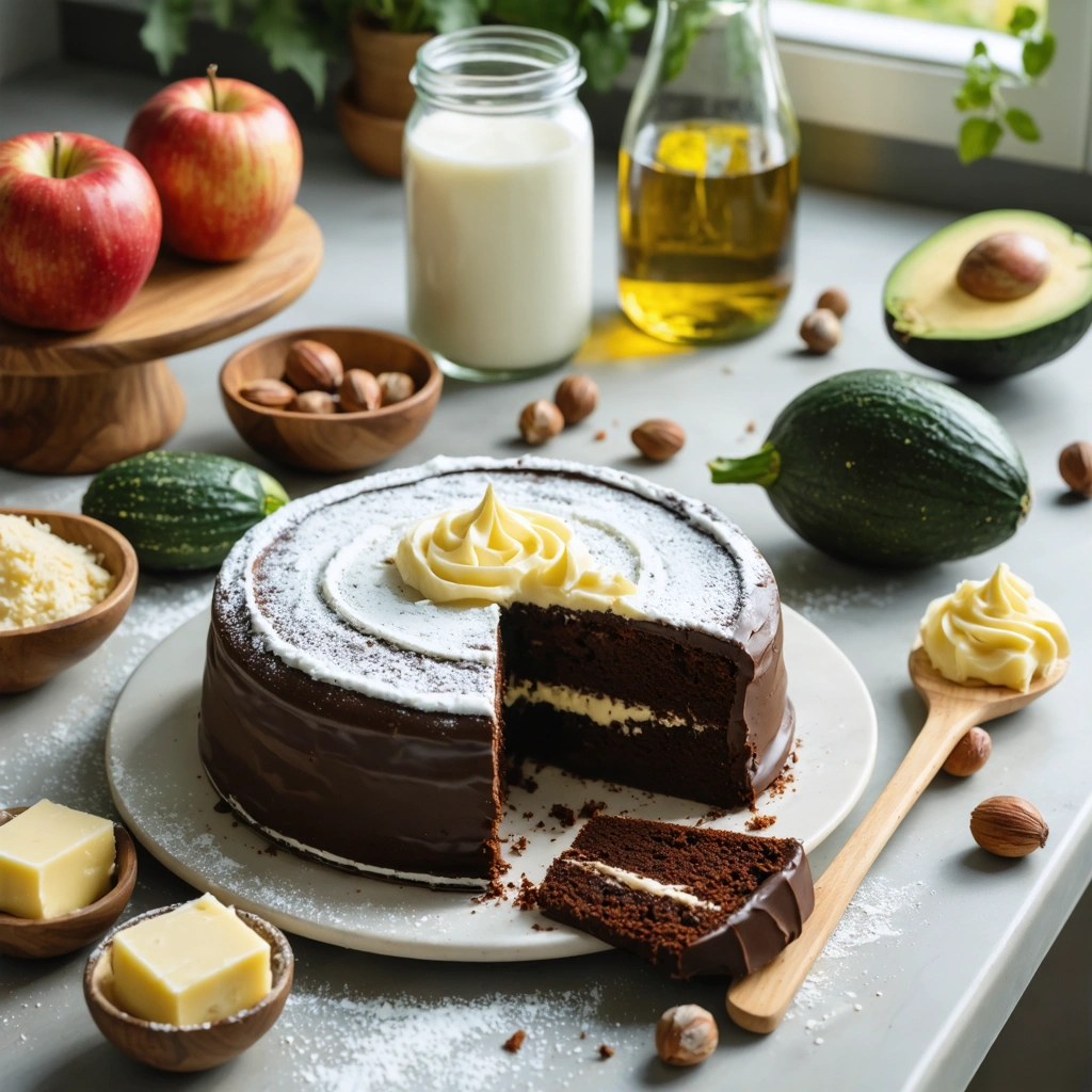Un gâteau au chocolat très moelleux coupé en parts, posé sur une table de cuisine, entouré de plusieurs alternatives au beurre comme de la compote, du yaourt, de l’avocat, de l’huile et une purée d’oléagineux.