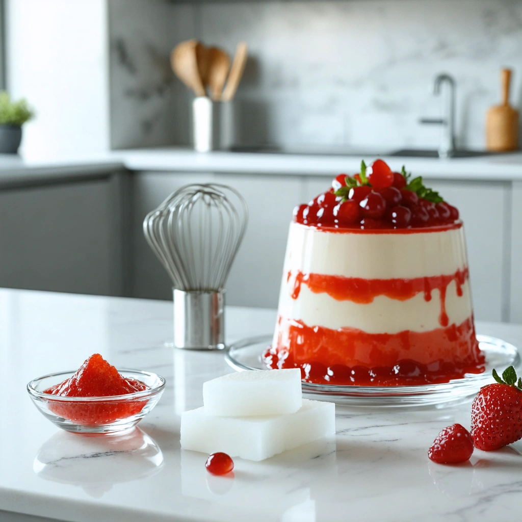 Bol de gélatine en poudre, feuilles de gélatine et dessert type panna cotta sur un plan de travail de cuisine