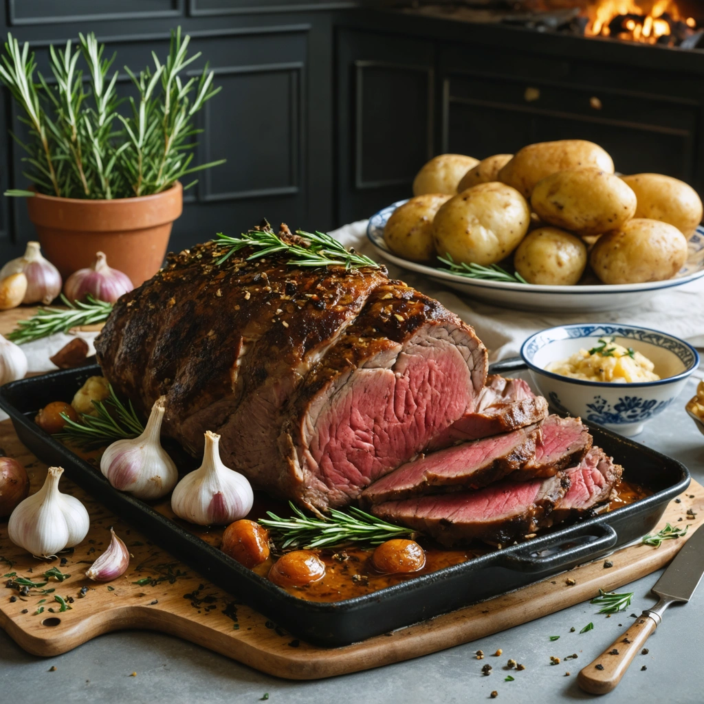 Gigot d’agneau rôti au four, doré et juteux, présenté dans un plat avec ail, romarin et garniture dans une cuisine chaleureuse.