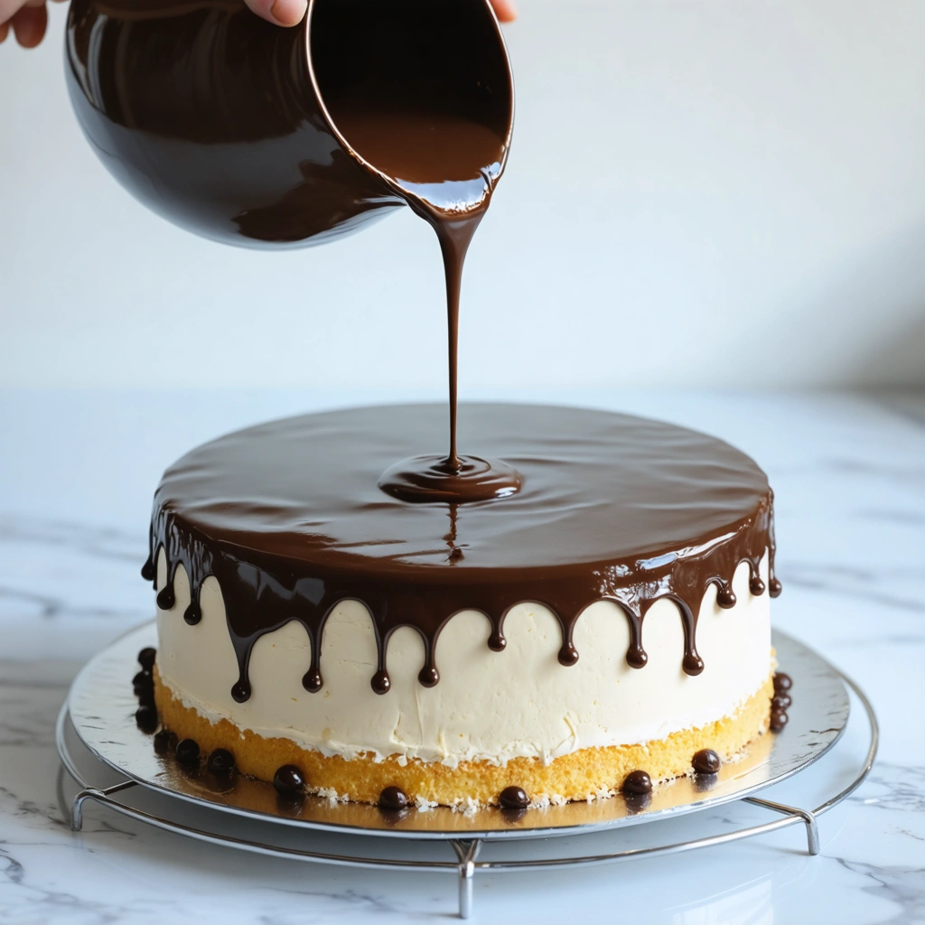 Un glaçage miroir au chocolat noir très brillant est versé sur un entremets posé sur une grille dans une cuisine.
