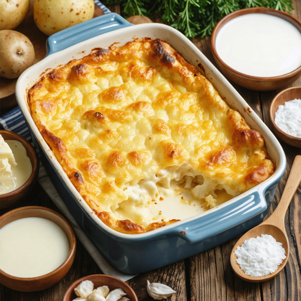 Un gratin doré et crémeux dans un plat en céramique, accompagné de plusieurs alternatives à la crème liquide comme du lait, du yaourt grec, de la ricotta et une crème végétale.