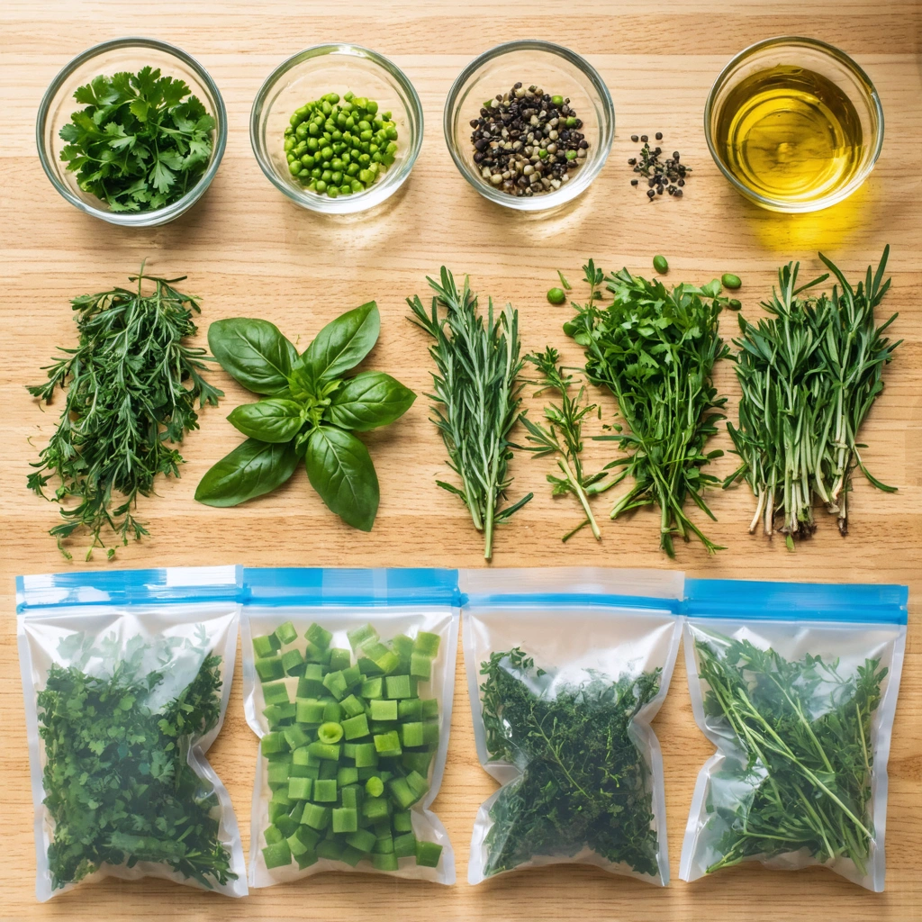 Des herbes aromatiques fraîches comme le persil, le basilic, la coriandre, la ciboulette, le thym et le romarin sont préparées sur un plan de travail avec des bacs à glaçons, de l’huile et des sachets de congélation.