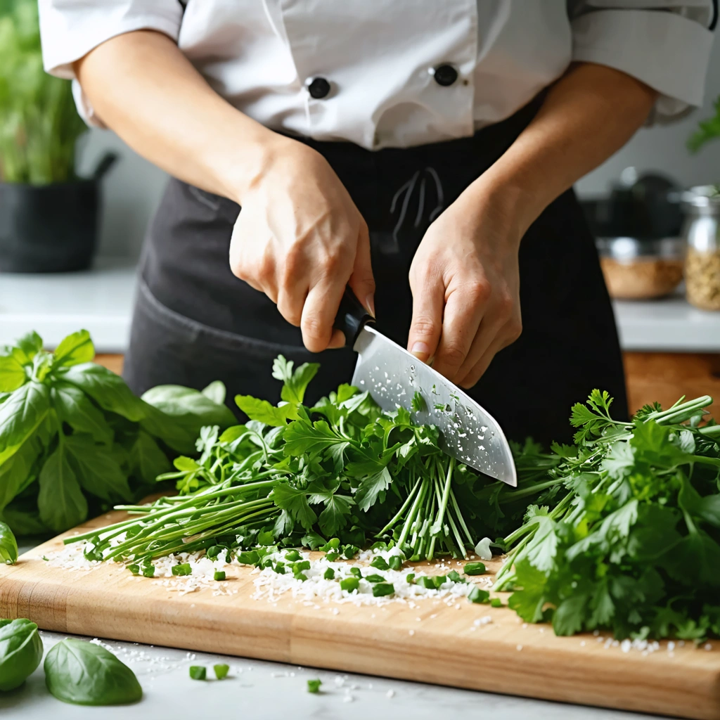 Une femme coupe finement des herbes fraîches avec un couteau bien aiguisé sur une planche en bois dans une cuisine lumineuse.
