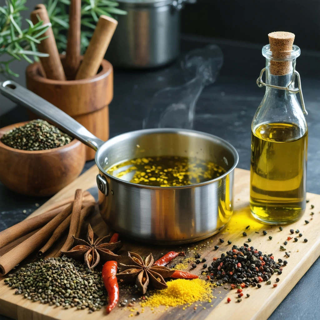 Une huile parfumée aux épices maison dans une bouteille en verre, avec des graines de cumin, coriandre, piment séché et romarin posés sur un plan de travail en bois.