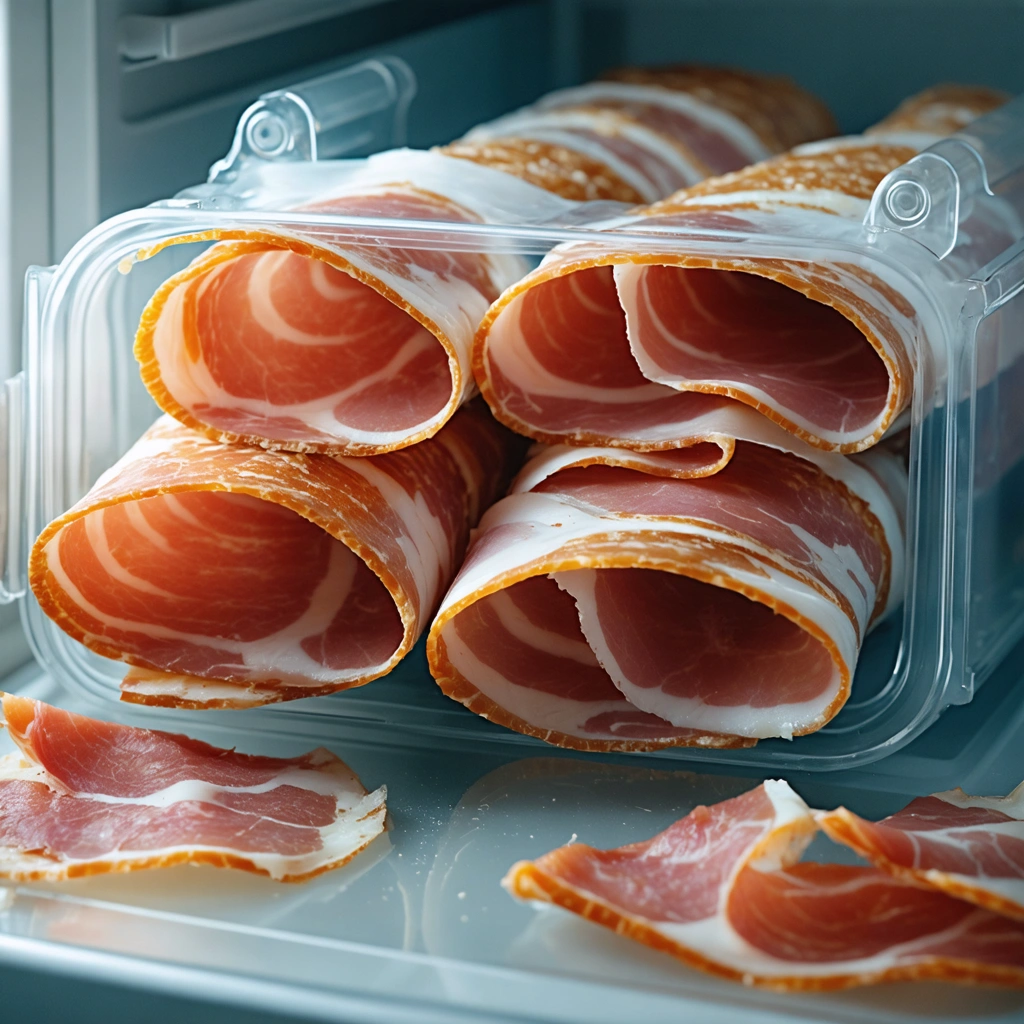 Du jambon cru entame conserve au refrigerateur dans une boite hermetique, avec quelques tranches montrant les effets d une mauvaise conservation