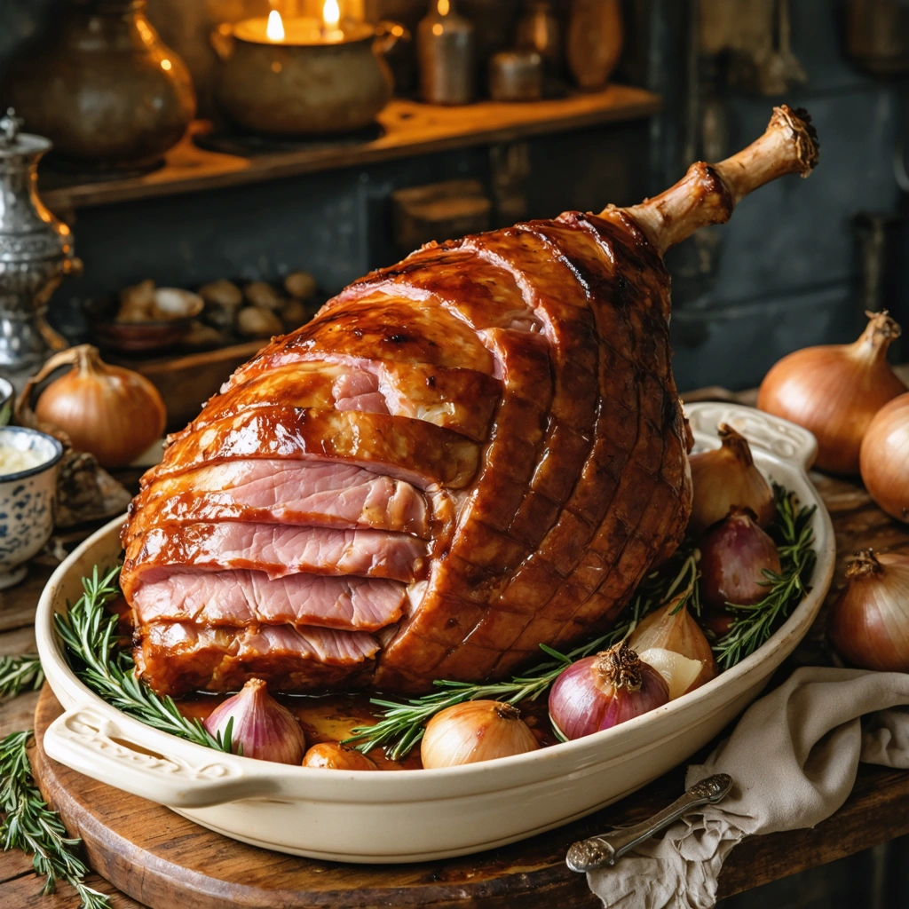 Un jambon a l'os dore au four dans un plat de cuisson, entoure d'oignons rôtis et de jus de cuisson brillant.