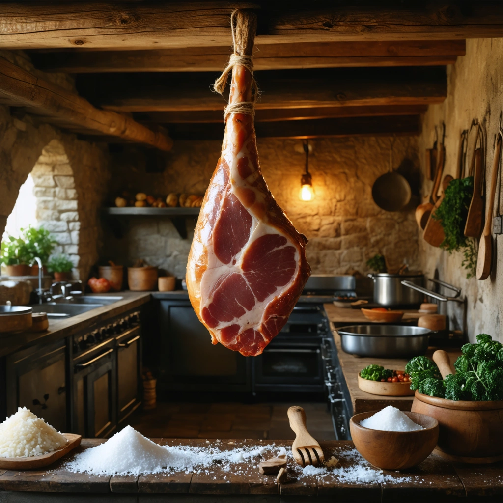 Un jambon cru en cours de séchage suspendu dans un espace rustique, avec une ambiance de cave propre et des outils de salaison à proximité.