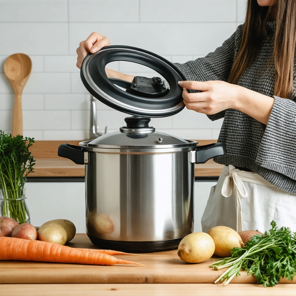 Une personne remplace le joint d'une cocotte minute authentique sur un plan de travail de cuisine, avec le couvercle ouvert et un nouveau joint prêt à être installé.