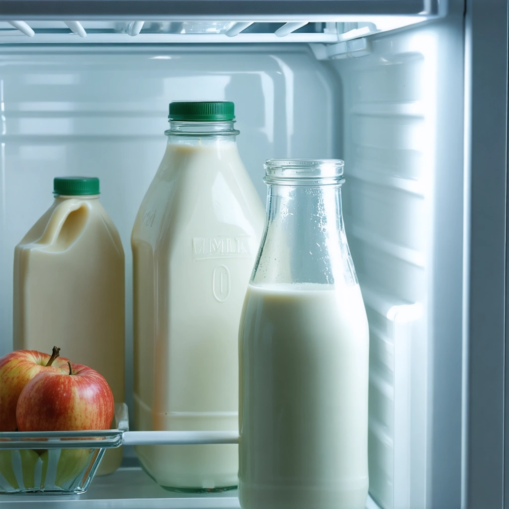 Une bouteille de lait ouverte dans un réfrigérateur, inspectée par une main pour vérifier sa fraîcheur avant consommation