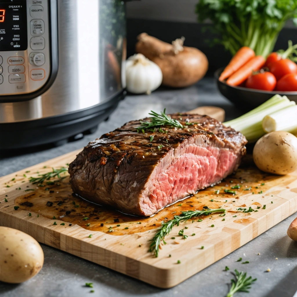Une langue de bœuf cuite et tranchée sur une planche en bois, à côté d’une cocotte minute et de légumes de bouillon dans une cuisine familiale