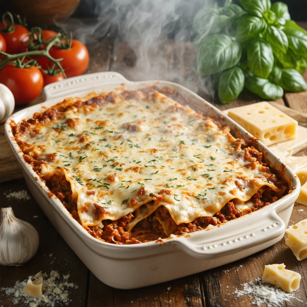 Plat de lasagnes a la bolognaise maison dorees au four, avec des couches visibles de pates, sauce a la viande et bechamel fondante
