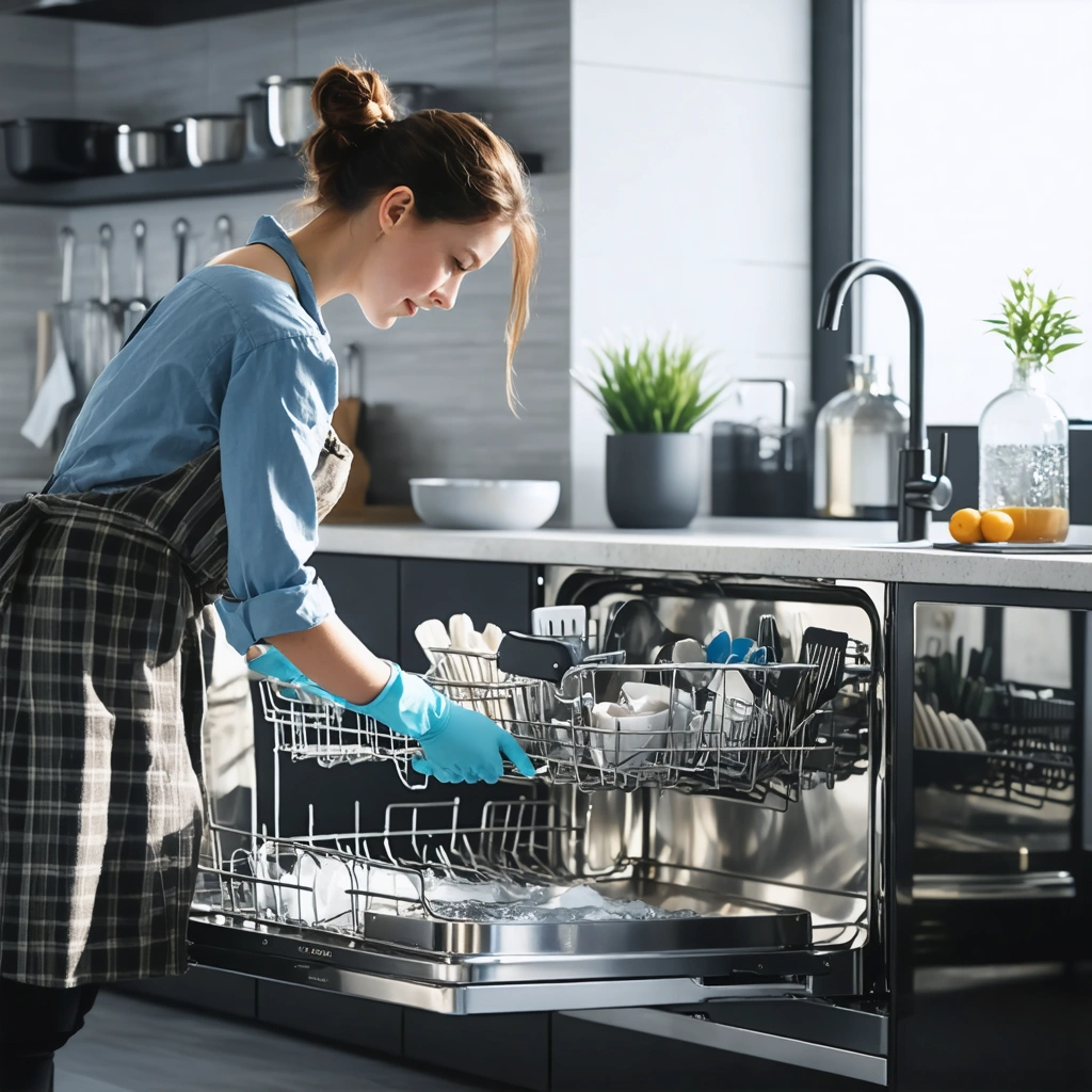 Une femme inspecte le fond d'un lave-vaisselle ouvert avec de l'eau stagnante, en regardant le filtre dans une cuisine moderne.