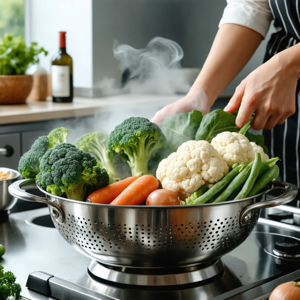 Des legumes en train de cuire a la vapeur dans une passoire metallique posee sur une casserole, dans une cuisine lumineuse