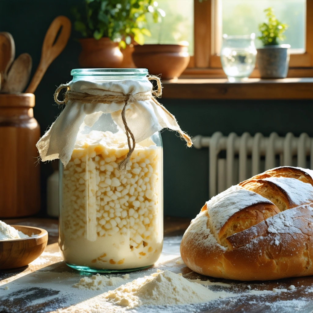 Un bocal de levure maison qui bulle sur un plan de travail, à côté d'une pâte à pain en train de lever et d'un pain rustique cuit.